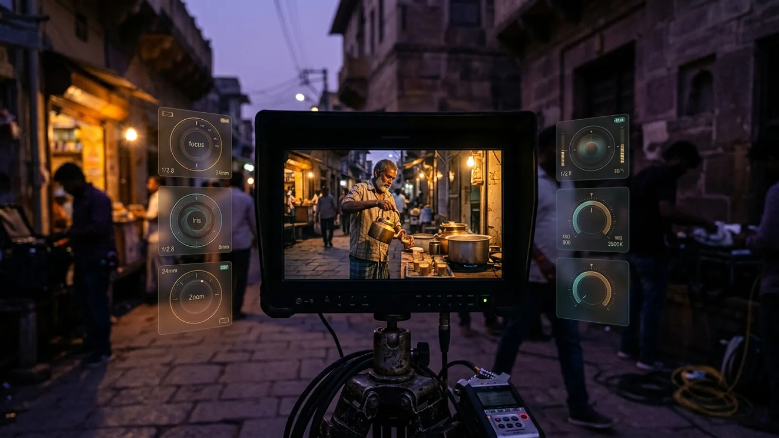 Director's monitor showing a tea stall scene with lens and light controls around it