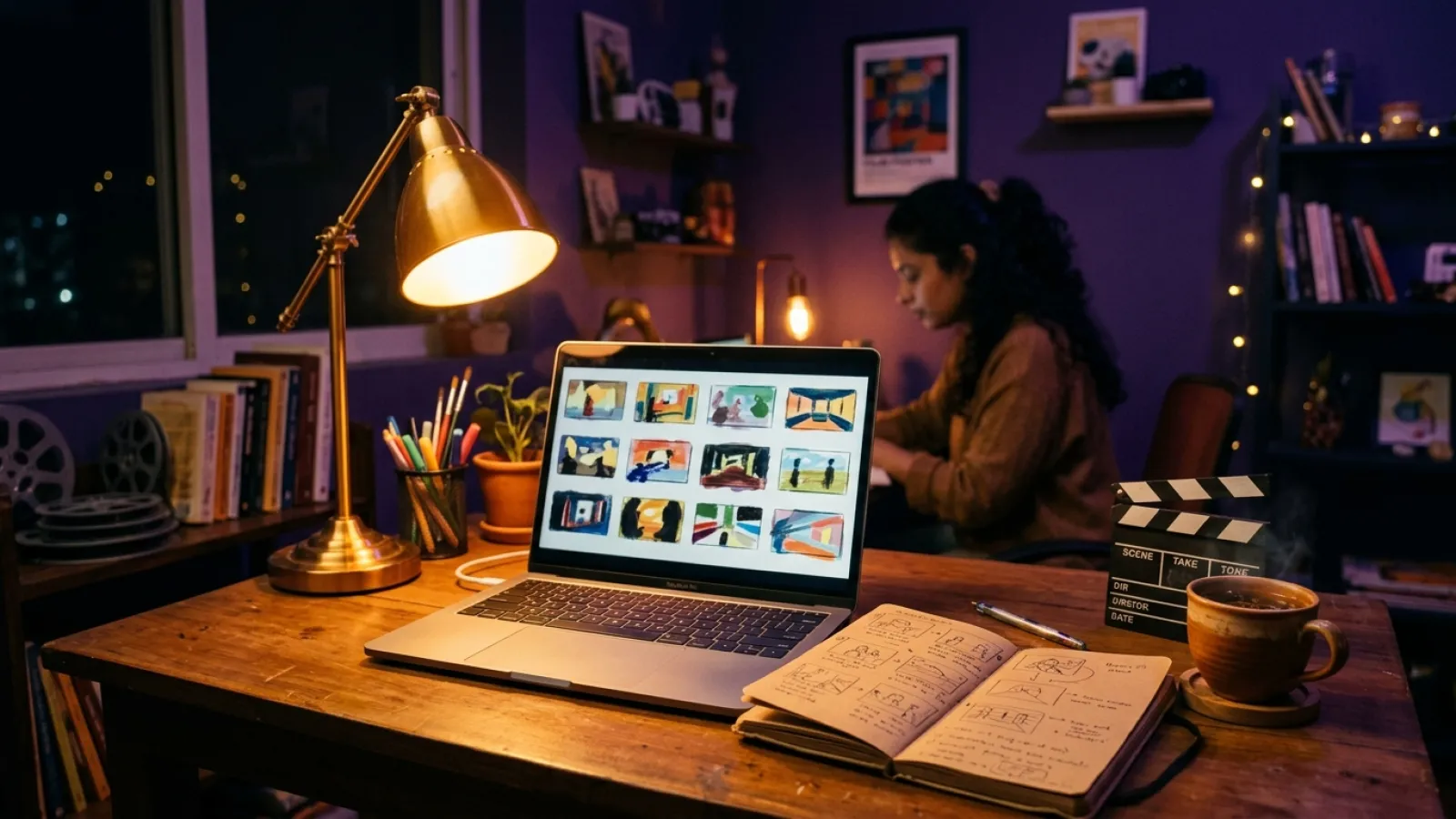 A creator's desk at night with a laptop showing a storyboard grid, a notebook of sketches and a cup of chai
